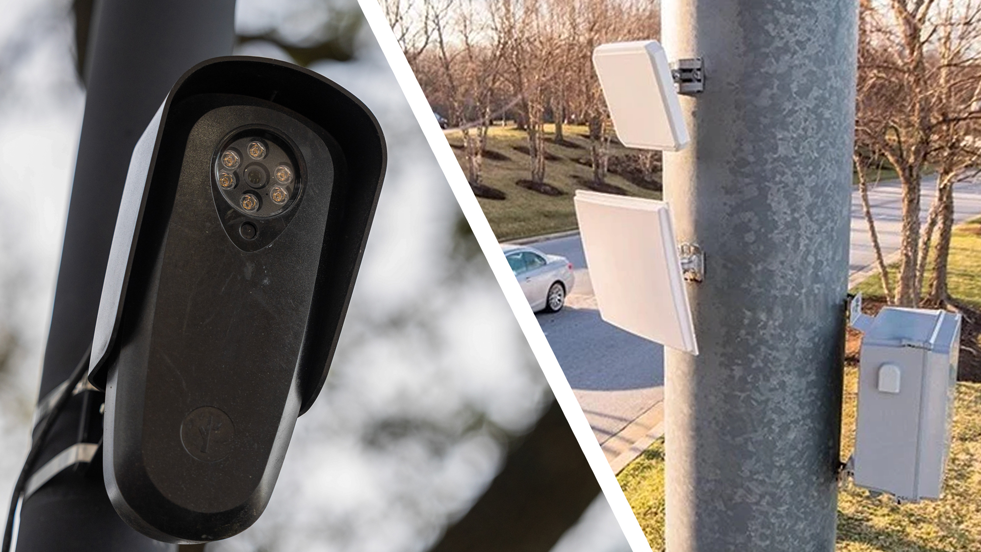 A flock camera next to SignalTrace cameras on a post