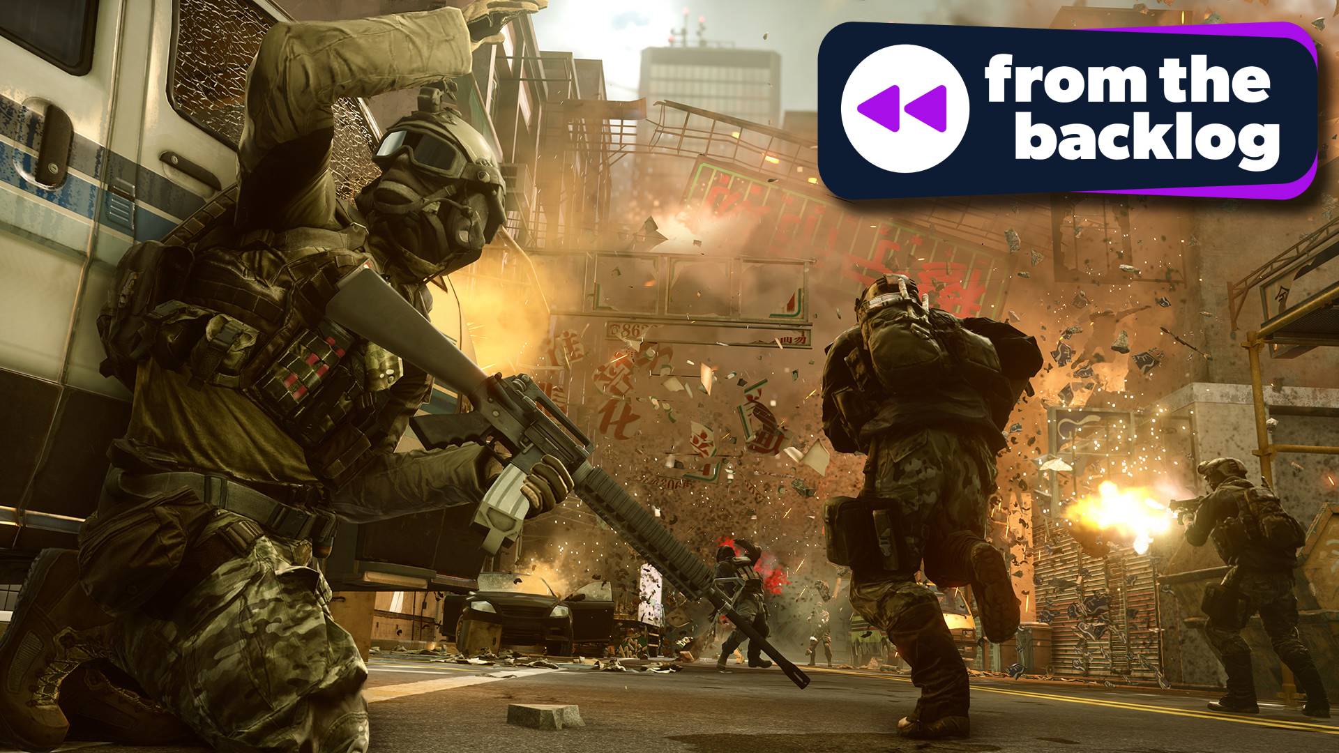 A screenshot from action in Battlefield 4 with TechRadar Gaming's From the Backlog badge over the top