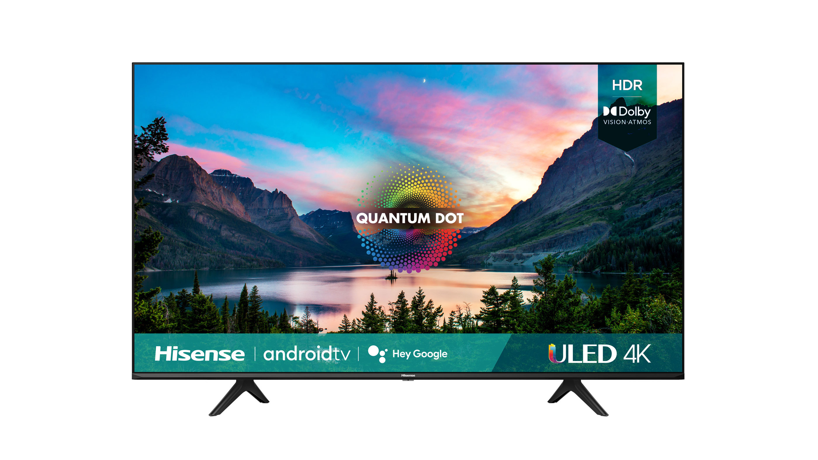 Another front-on view of the Hisense U6G ULED TV with a lake scene on the screen