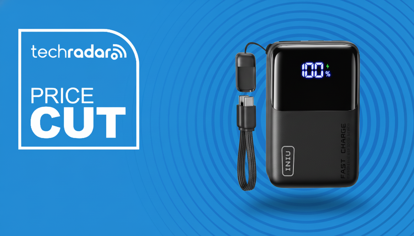 INIU Mini Portable Charger, Small 45W PD Power Bank, 10000mA on a blue background with radar motif, next to text reading 'TechRadar Price Cut'
