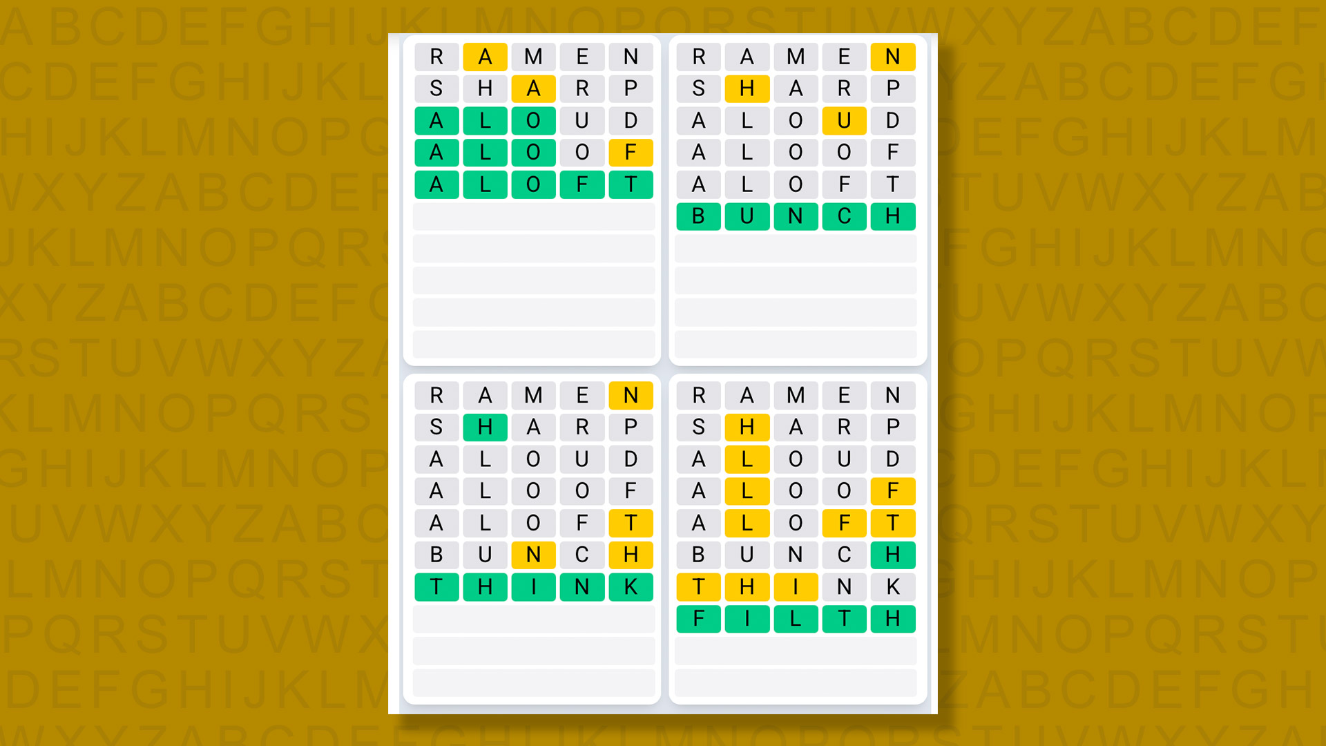 Quordle Daily Sequence answers for game 1587 on a yellow background