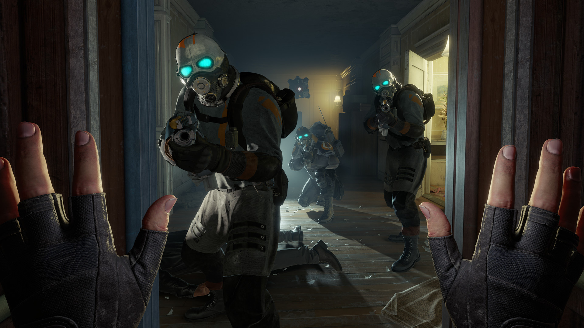 Half-Life: Alyx player puts their hands up at two approaching armed guards