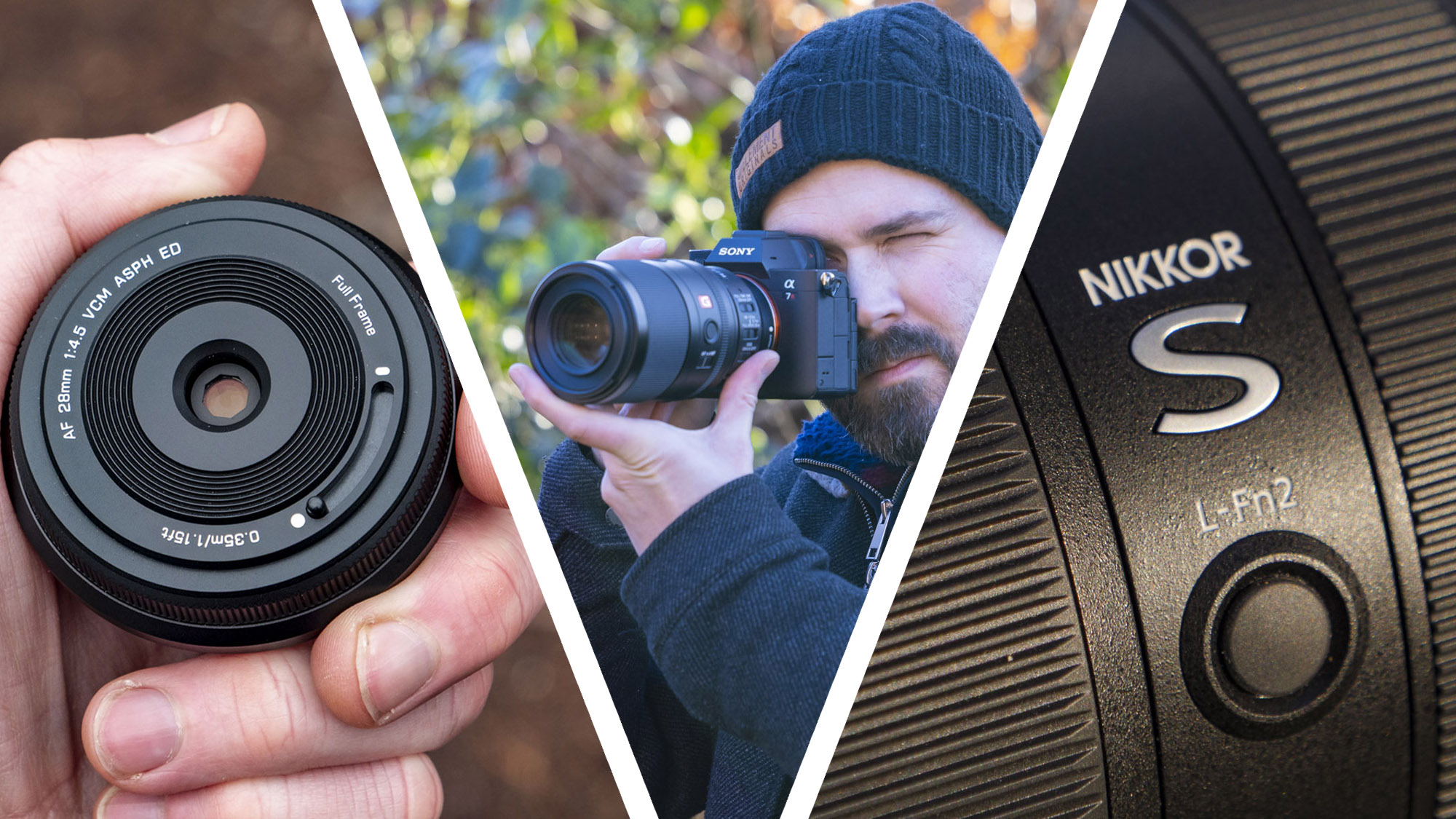 Three lenses from left to right; Viltrox AF 28mm F4.5 in user's hand, Sony 100mm F2.8 GM OSS macro lens attached to Sony camera held by photographer, Close up of the Nikon Z 70-200mm f/2.8 VR S II