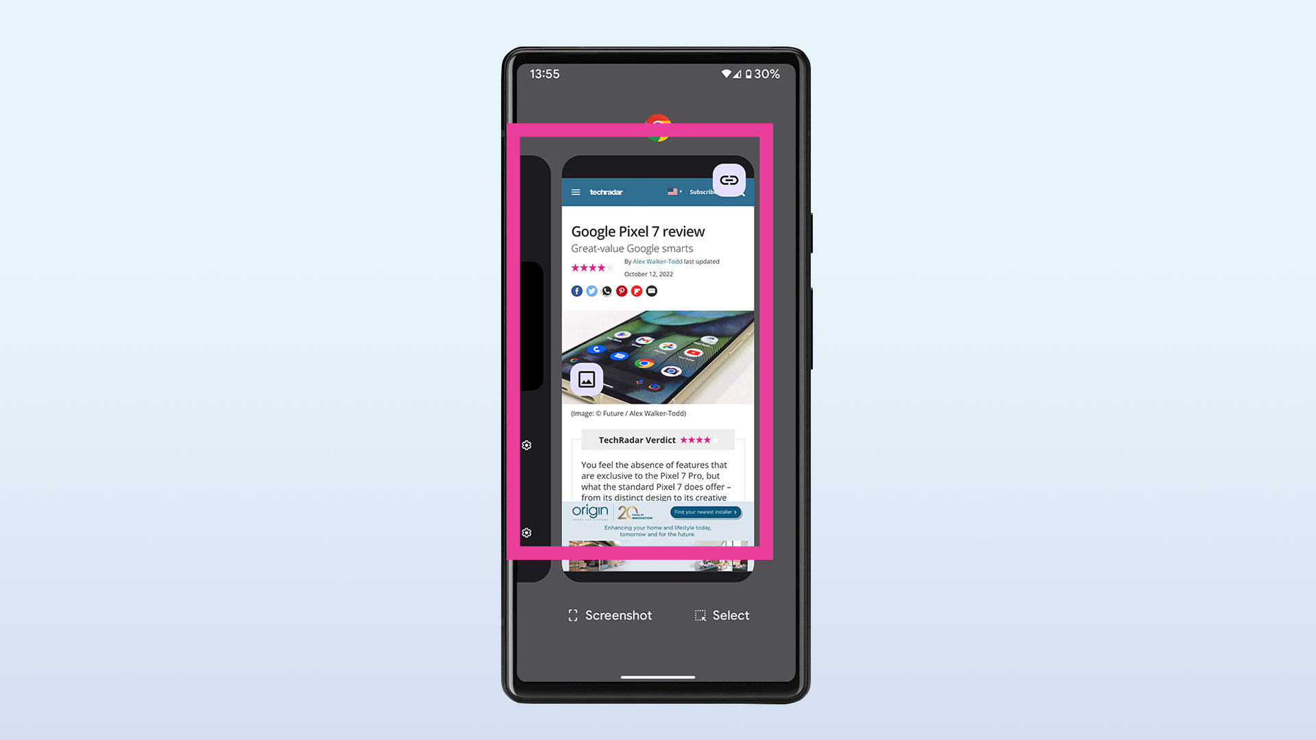Screenshot of a Google Pixel 6 on a blue background, showing the screenshot taking place