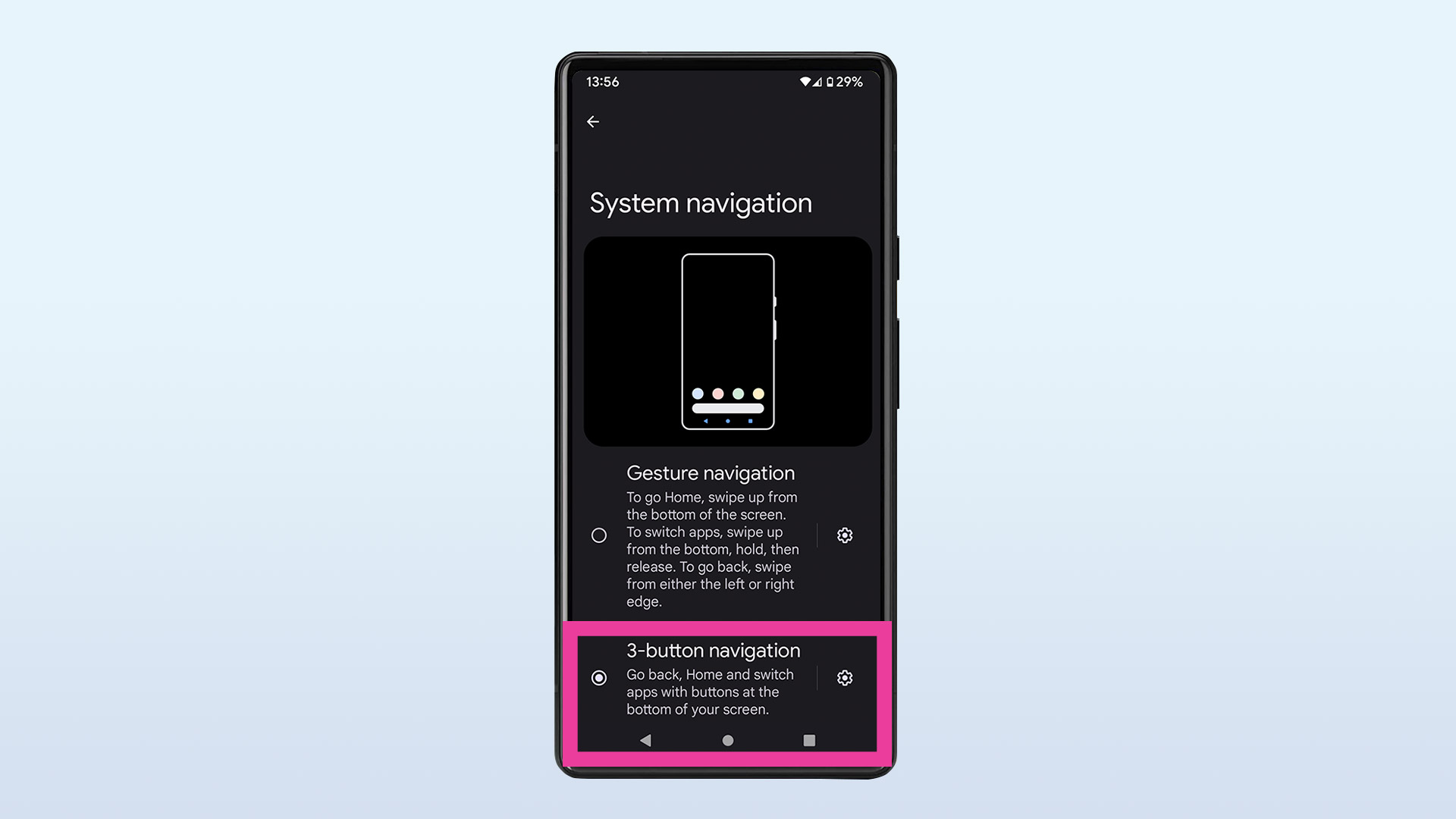 Screenshot of a Google Pixel 6 on a blue background, showing the 3-button option in system navigation settings