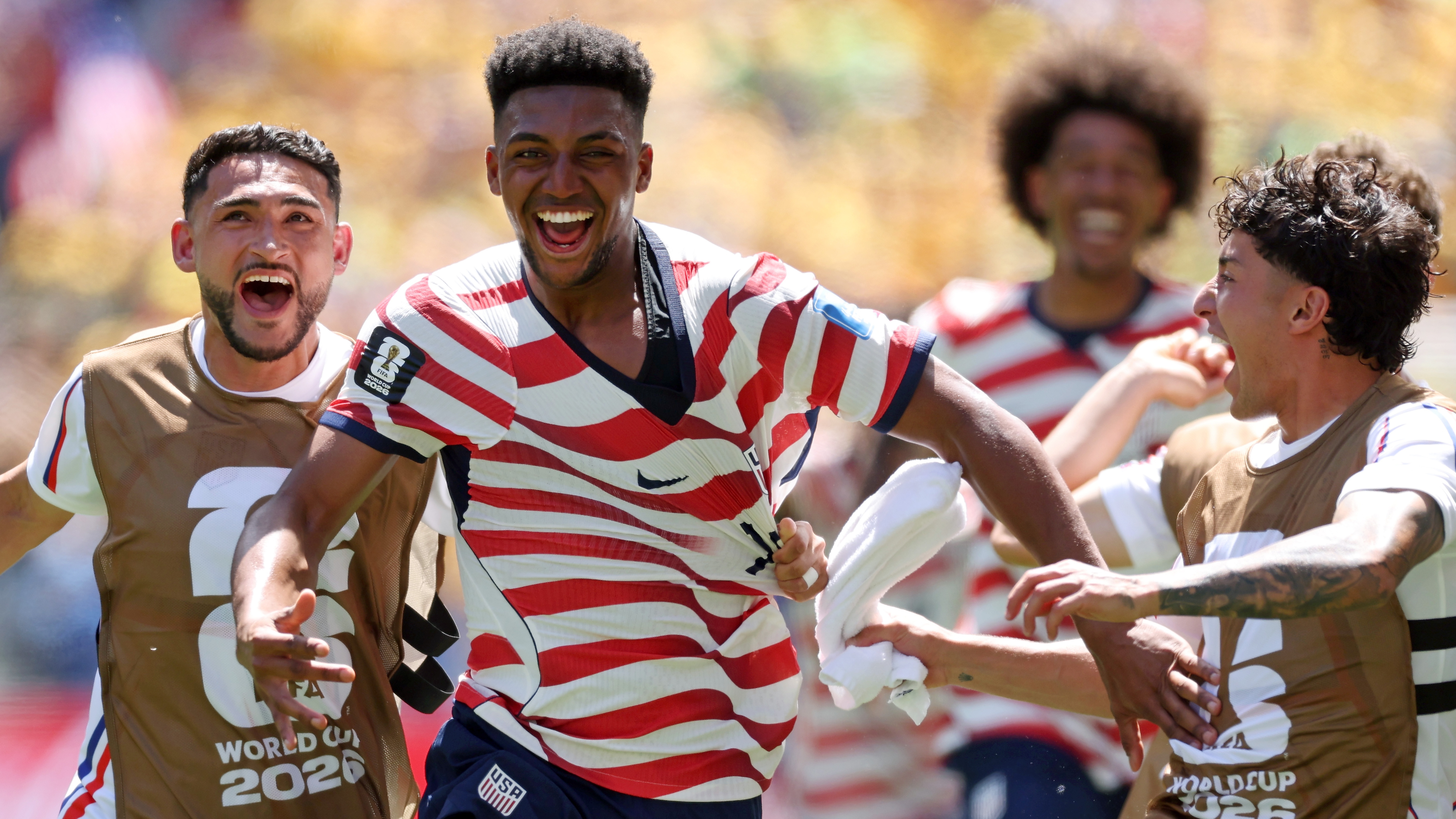 Alex Freeman of the United States celebrates with teammates after scoring his team's second goal in the FIFA World Cup 2026 Group D win over Australia at Seattle Stadium on June 19, 2026 in Washington