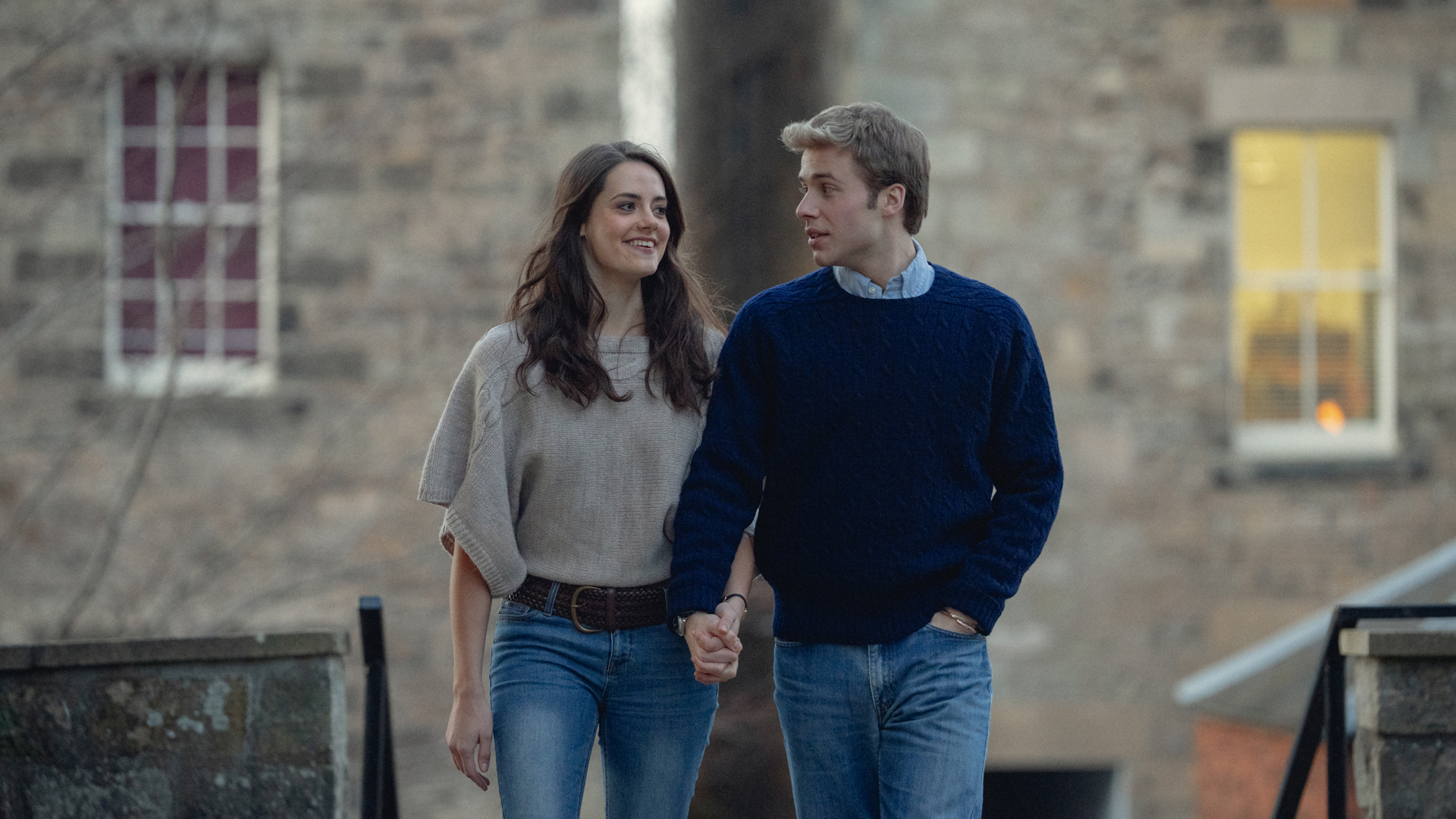Kate and William smile and walk hand in hand in The Crown season 6