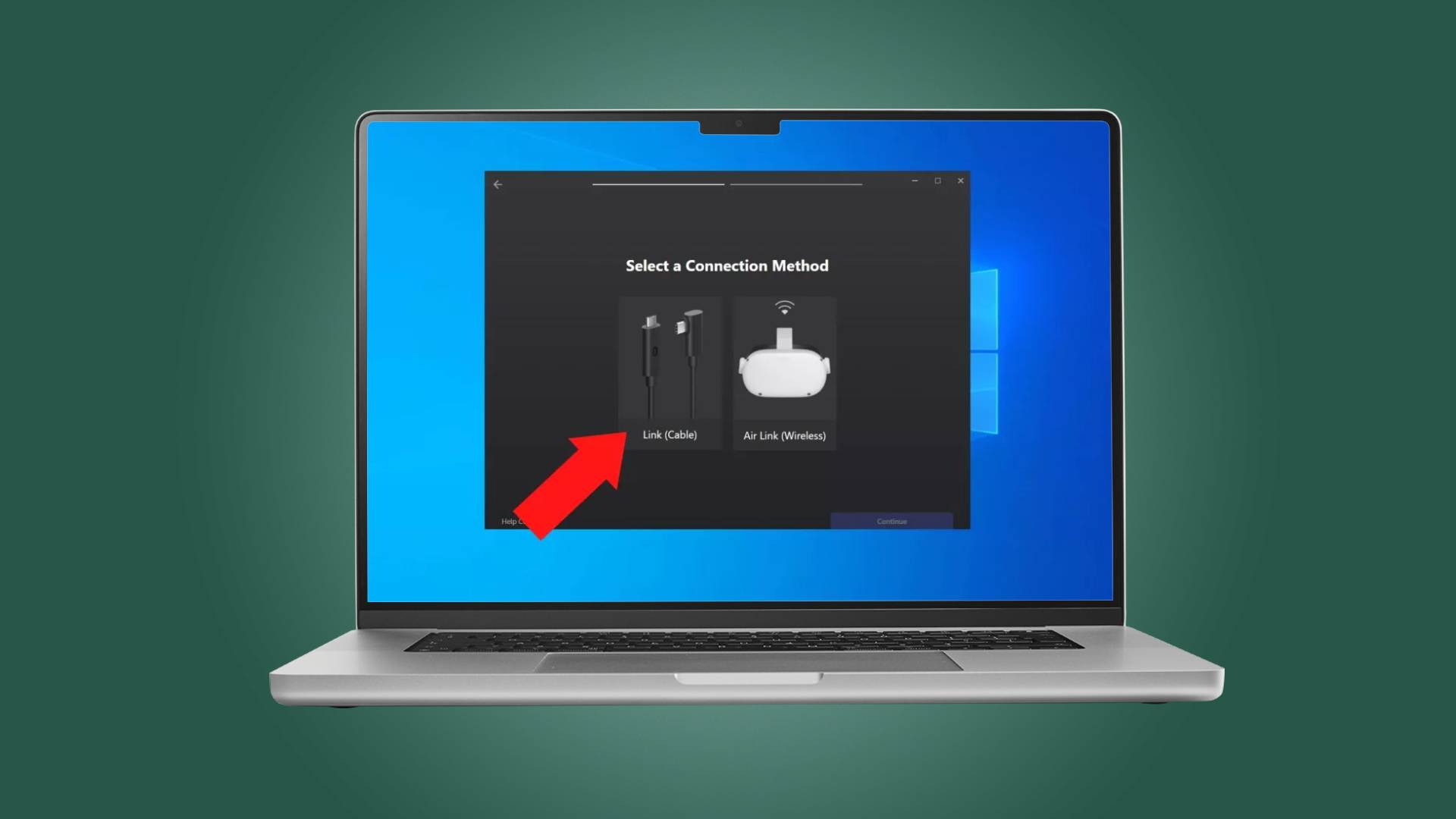 The Oculus PC app showing air link and link cable options as a way to connect your headset to a PC, an arrow points to link cable
