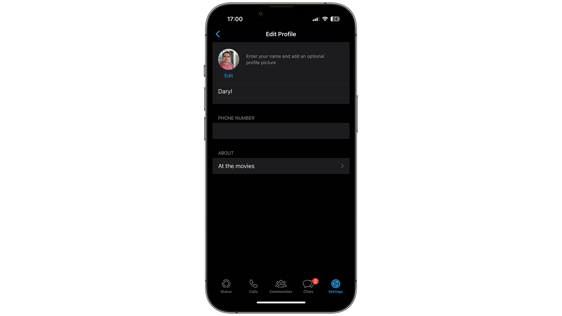 WhatsApp profile section on an iPhone