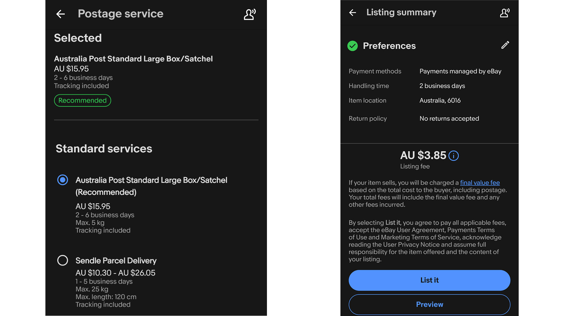Finalising a listing in the eBay app