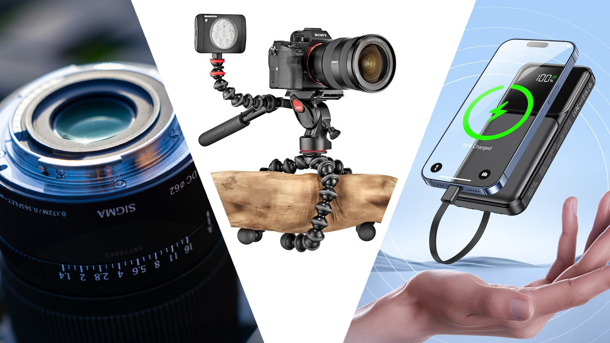 A trio of images: Sigma 12mm lens on left, Joby Gorillapod in the middle and Power Bank on the right