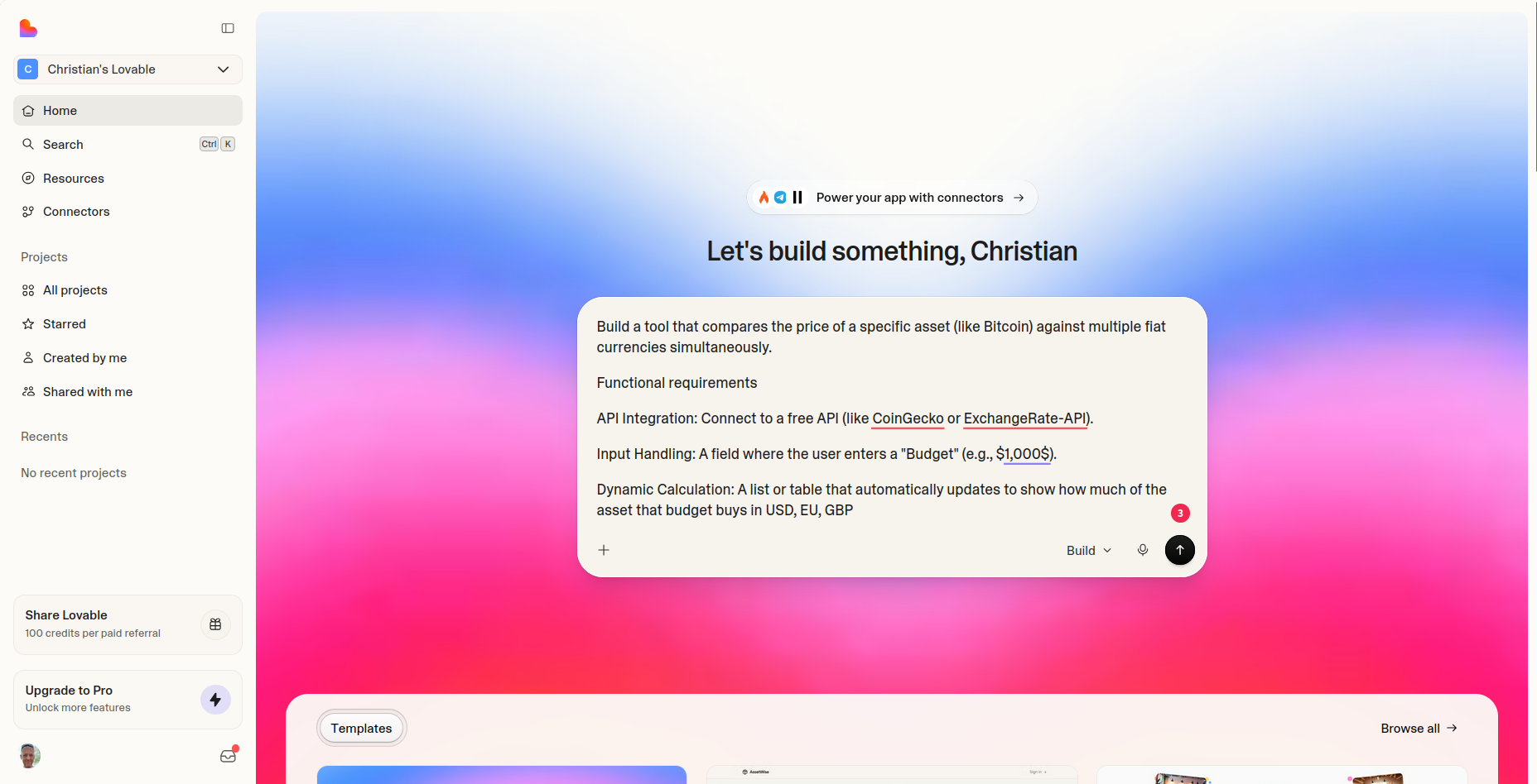 Lovable no-code prompt box with completed prompt ready to send.