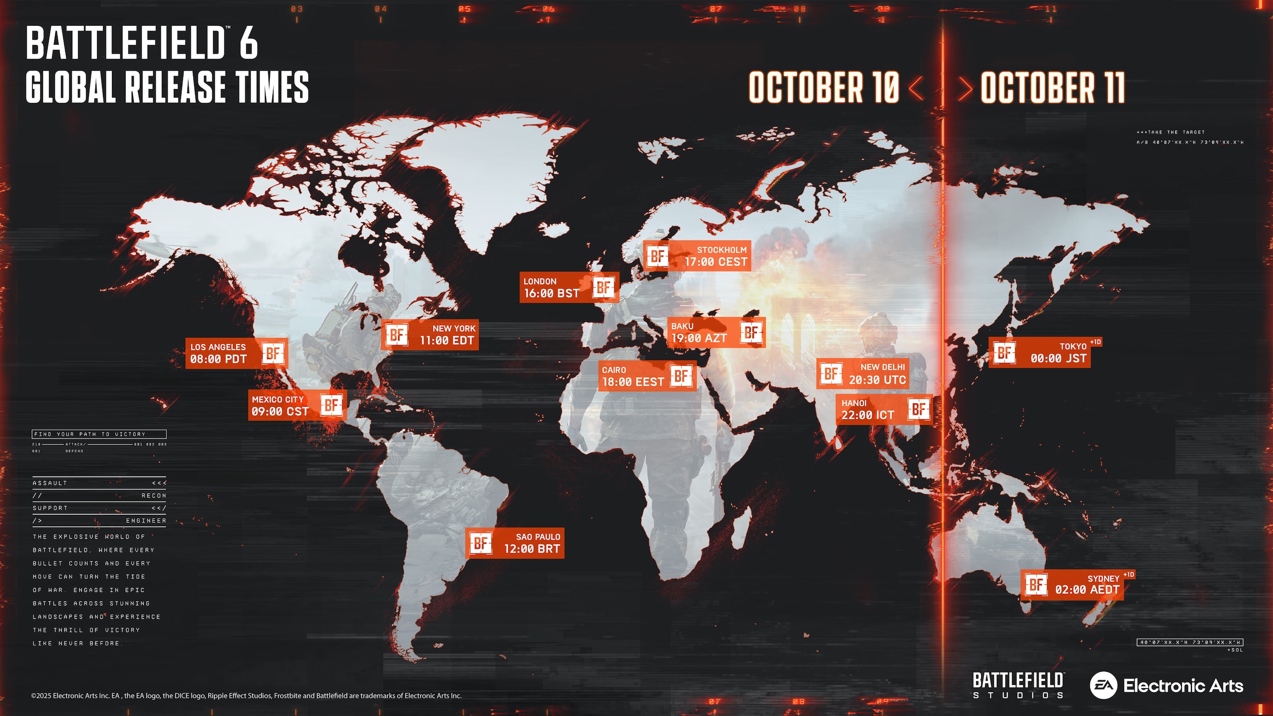 Battlefield 6 launch times displayed on a world map