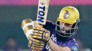Kolkata Knight Riders' Moeen Ali plays a shot during the Indian Premier League (IPL) Twenty20 cricket match between Rajasthan Royals and Kolkata Knight Riders at the Barsapara Cricket Stadium in Guwahati on March 26, 2025.
