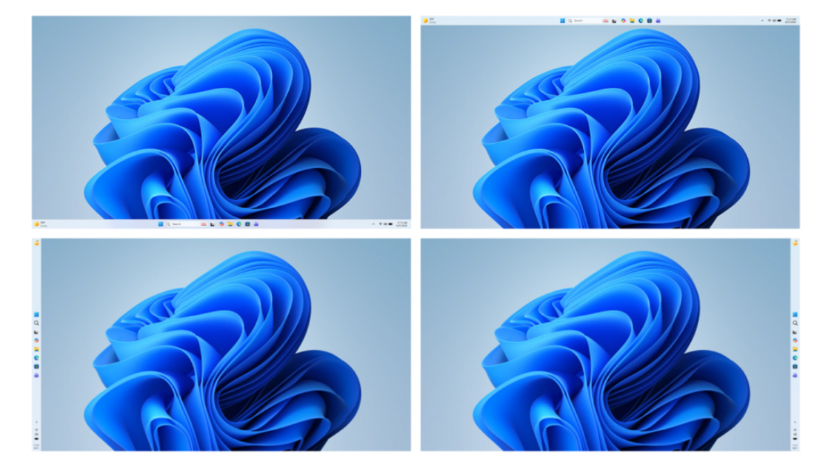 Windows 11 taskbar shown in four positions on the desktop