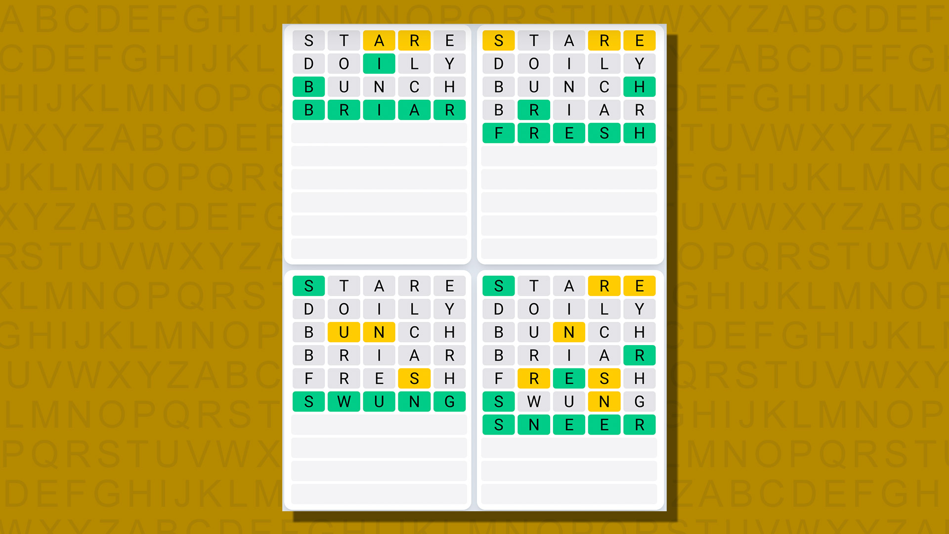 Quordle daily sequence answers for game 783 on a yellow background