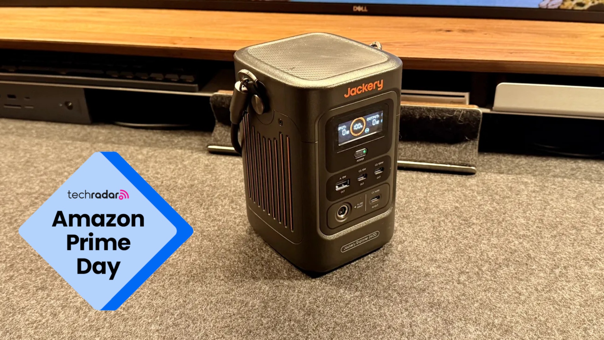 The Jackery Explorer 240D during our tests with a TechRadar badge that reads 'Amazon Prime Day'