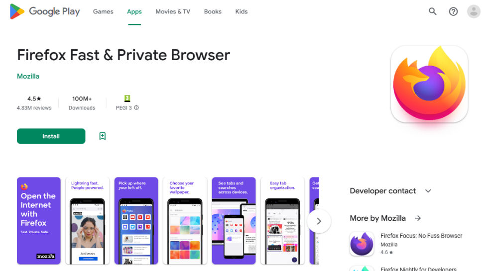 Website screenshot for Firefox on Google Play