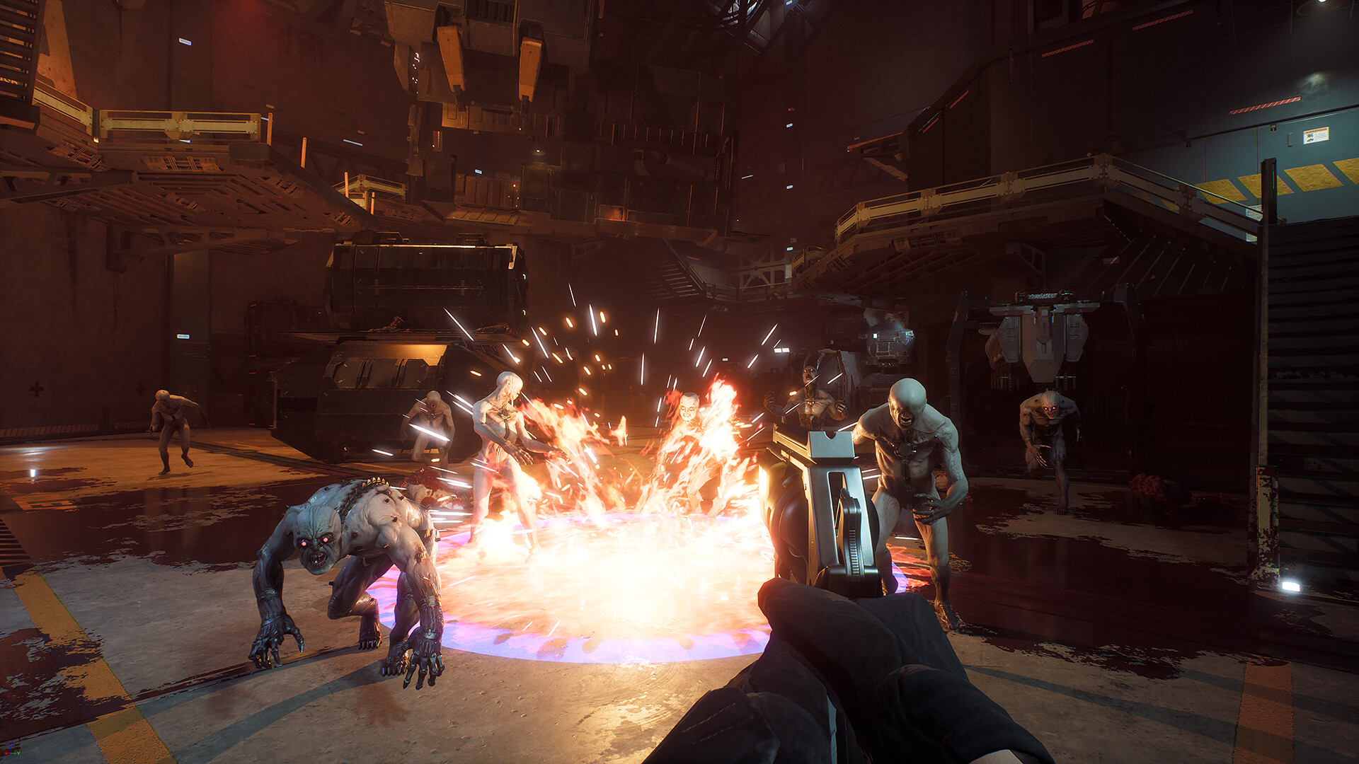 Firing a pistol at a group of Zeds as an explosion triggers in the distance