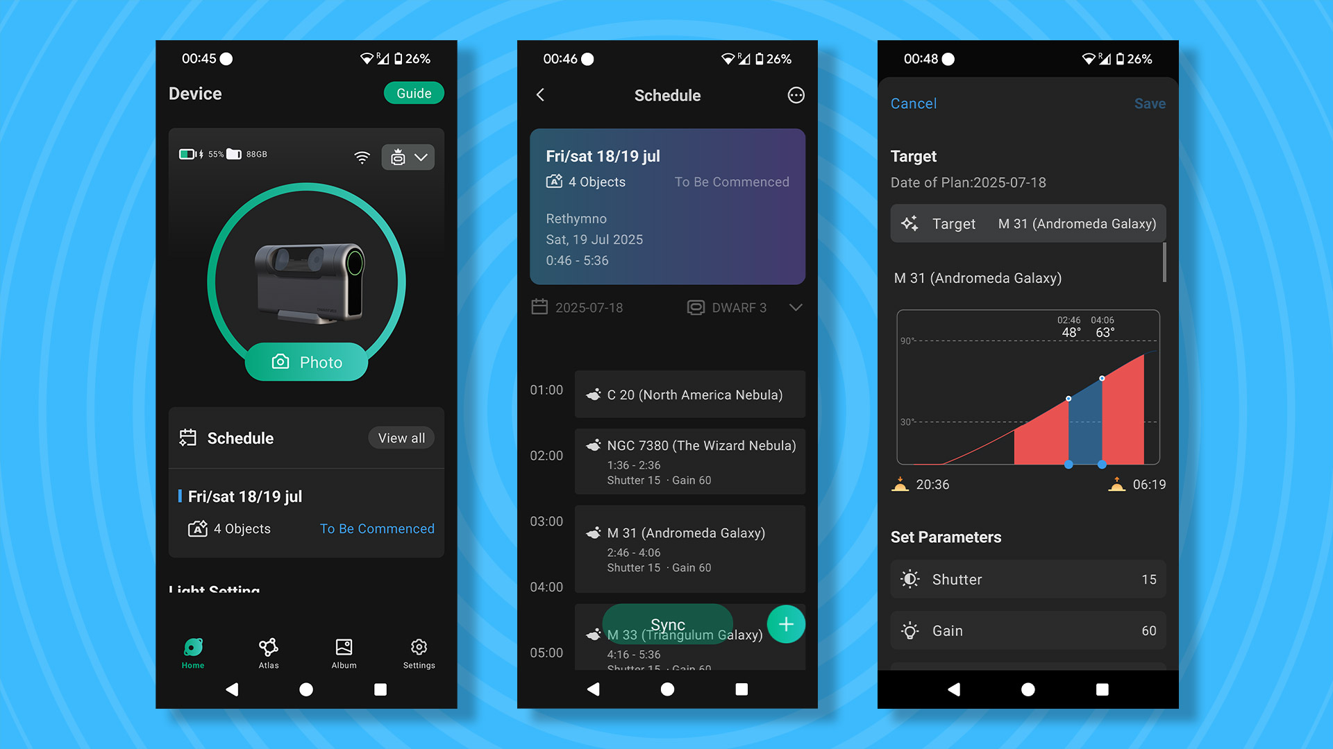 Three screenshots from the Dwarf III's app showing various stages of the scheduling process