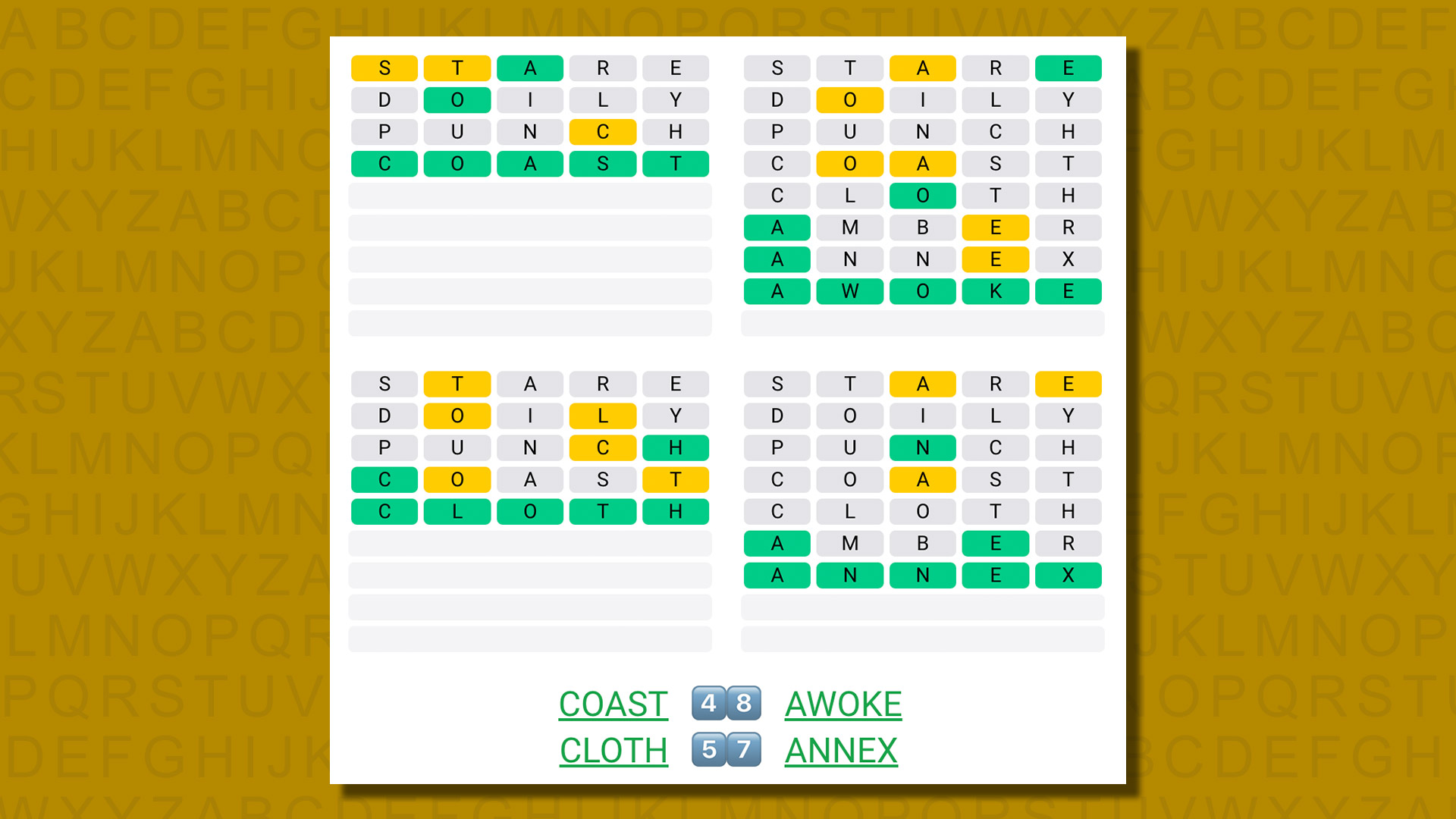 Quordle answers for game 575 on a yellow background