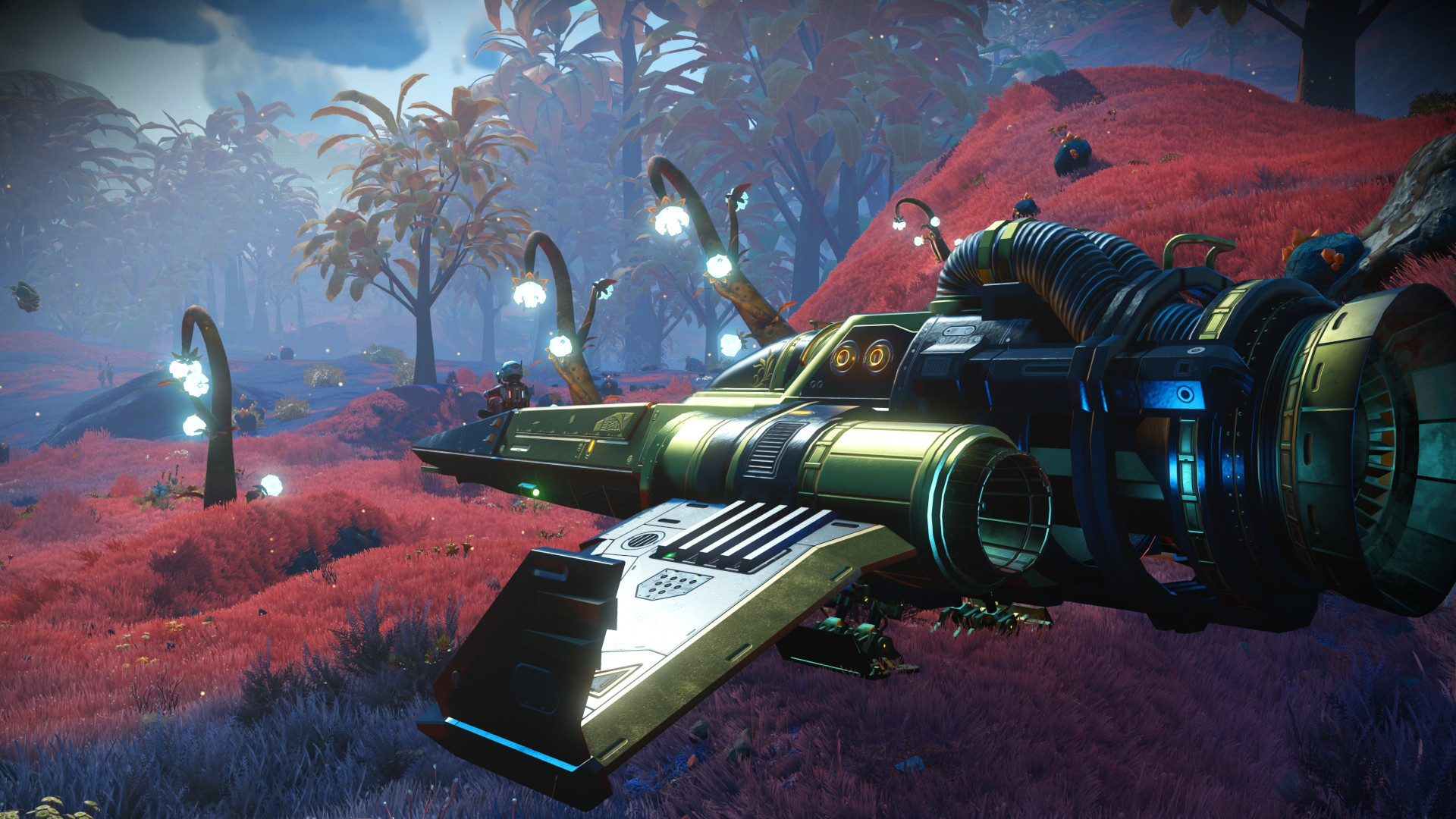 No Man&amp;rsquo;s Sky ship docked on a tropical planet with vibrant red grass, and plants with luminous bulbs
