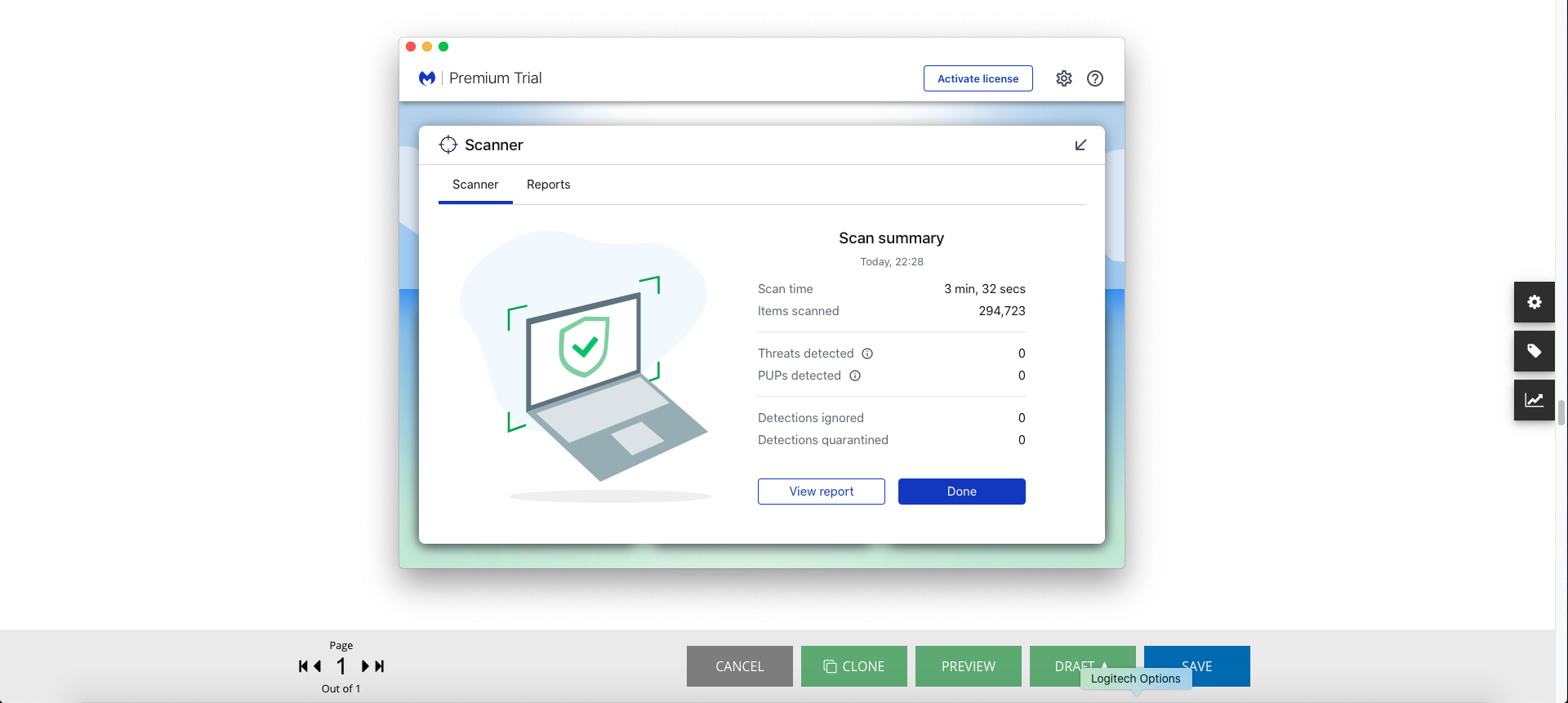 Malwarebytes report screen