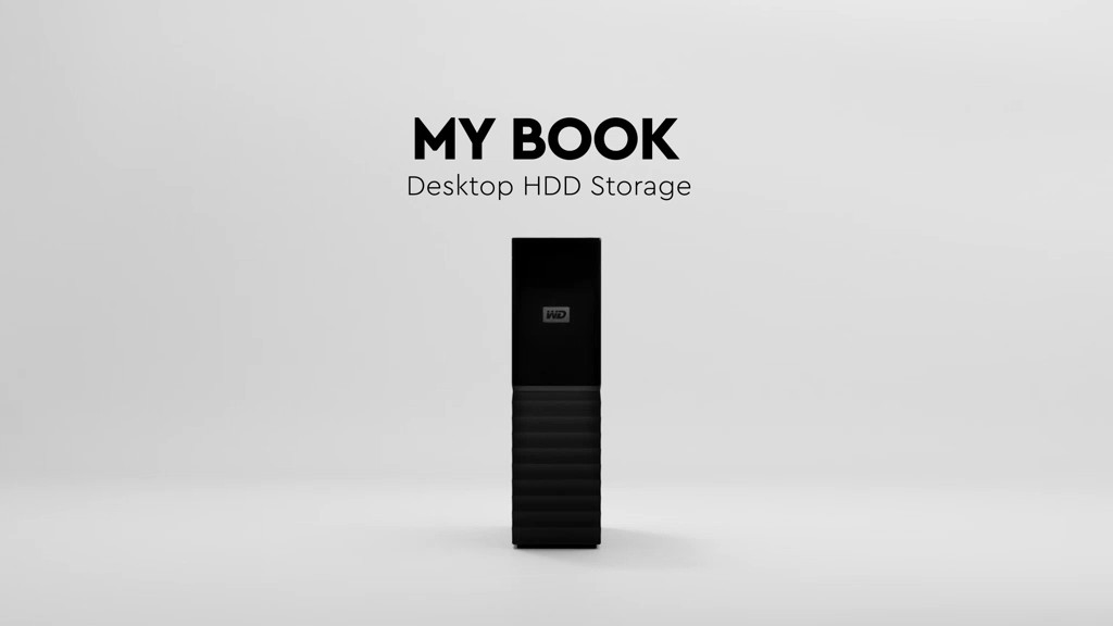 The Western Digital My Book against a white gradient. Text describes it as "Desktop HDD storage".