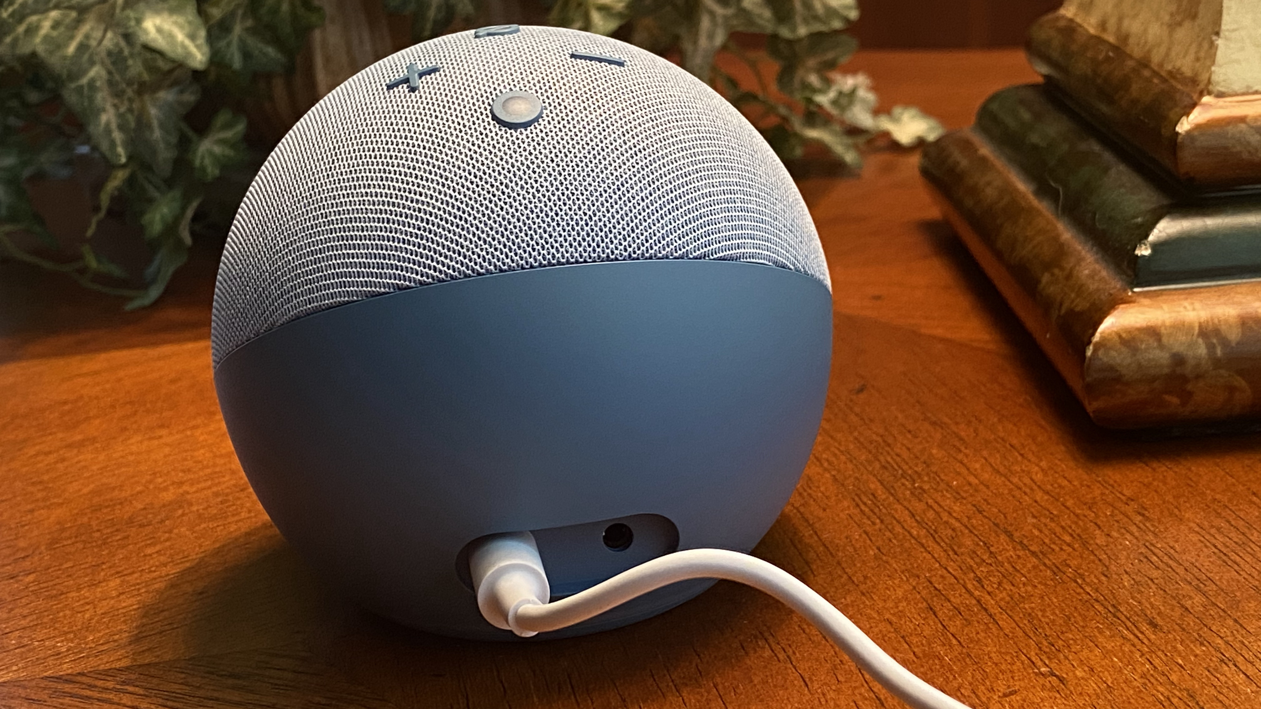 The back of the Amazon Echo Dot (2020) in grey, showing the ports