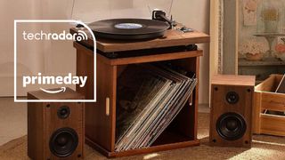 A turntable and speakers with a selection of vinyl, in a hi-fi listening room