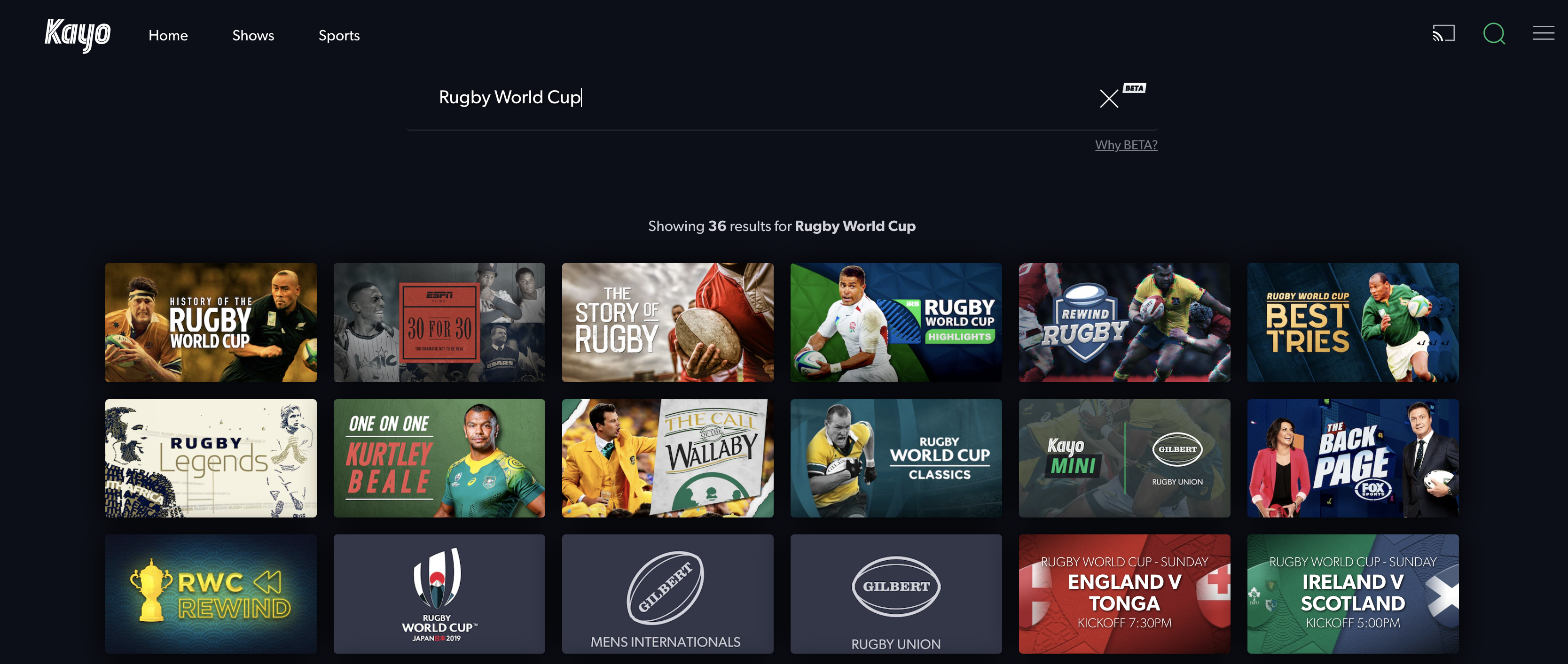 The search function on Kayo Sports