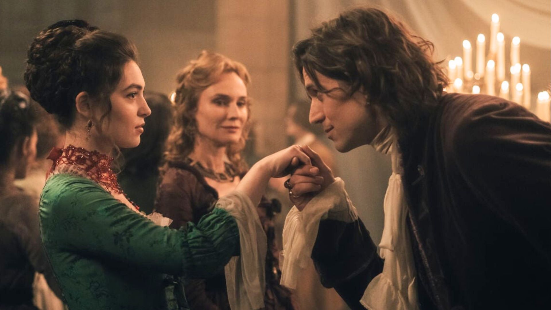 Gercourt kisses Isabelle's hand as Rosamonde looks on
