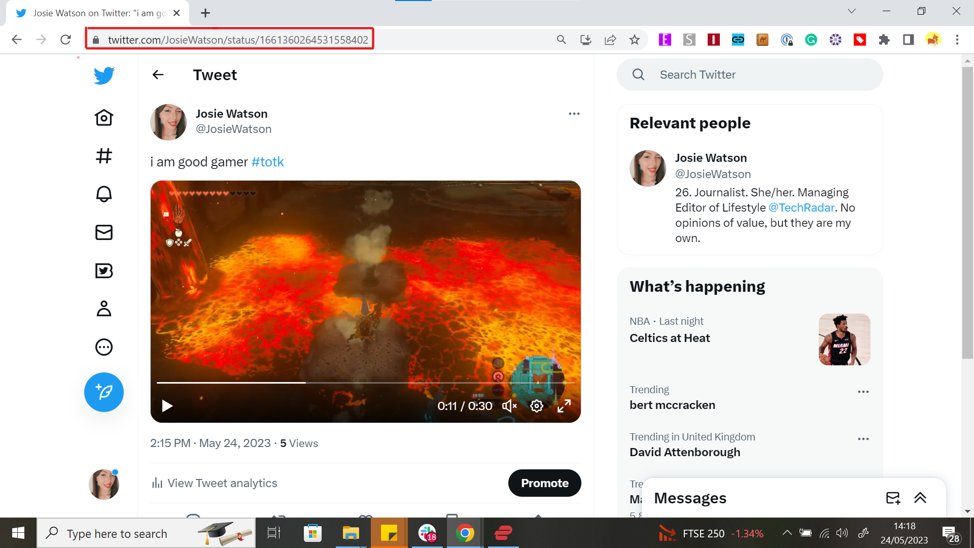 Screengrab showing a Tweet open in Google Chrome, highlighting the URL address bar