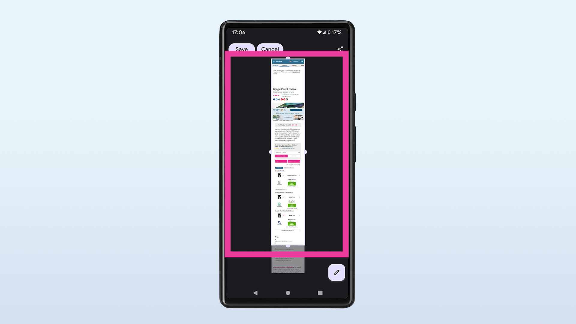 Screenshot of a Google Pixel 6 on a blue background, showing the extend options in capture more for screenshots