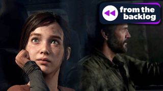 A screenshot from The Last of Us Part 1 showing Ellie and Joel in the car on their way to Pittsburgh with the TechRadar Gaming From the Backlog logo on top