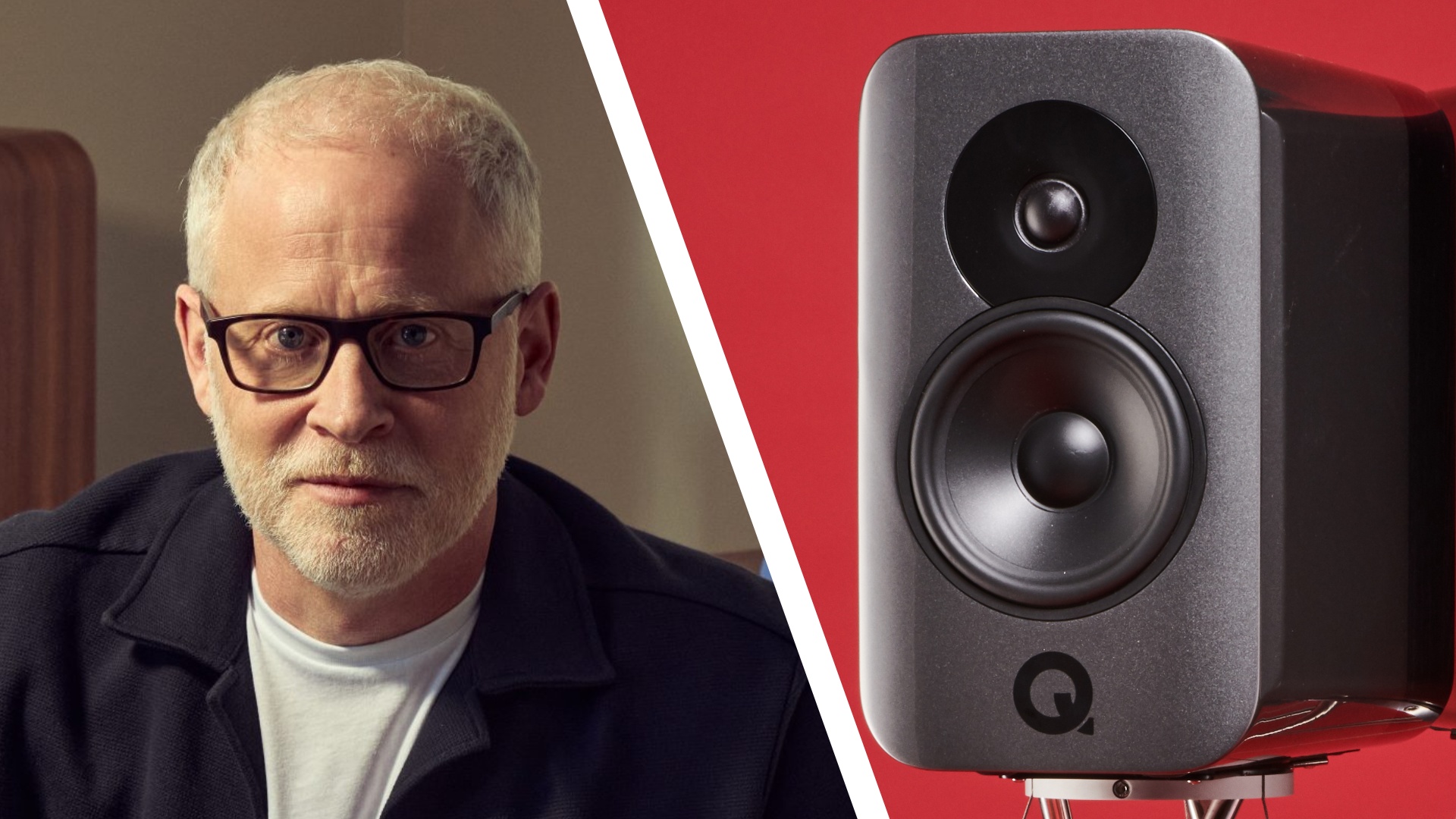 Charlie Henderson's headshot, combined with a photo of a Q Acoustics speaker