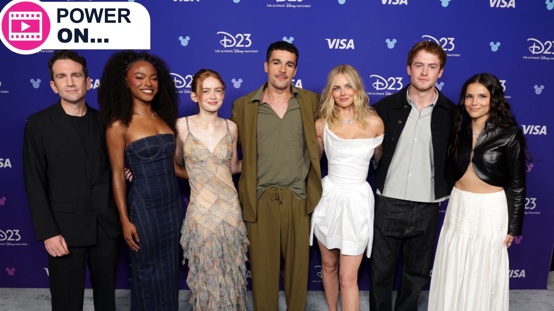 An image of Jake Schreier, Maya Boyd, Sadie Sink, Christopher Abbott, Samara Weaving, Kit Connor, and Inde Navarrette at D23 Expo 2026