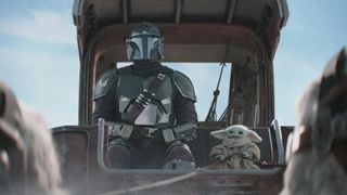 Din Djarin and Baby Yoda sitting in a sled pulled by Tauntauns in The Mandalorian and Grogu Super Bowl 2026 TV spot