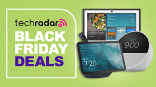 Text reading 'TechRadar Black Friday deals' next to three Amazon Echo devices; the Show 15, Show 8 and Spot. 