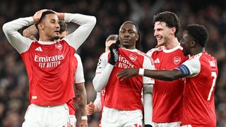 Eberechi Eze celebrates scoring the 1st Arsenal goal during the UEFA Champions League 2025/26 Round of 16 Second Leg match between Arsenal FC and Bayer 04 Leverkusen at Arsenal Stadium on March 17, 2026 in London, England.