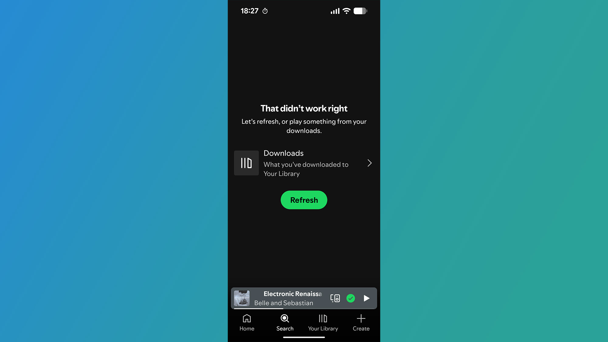 Spotify screenshot showing the app not working, on a blue background