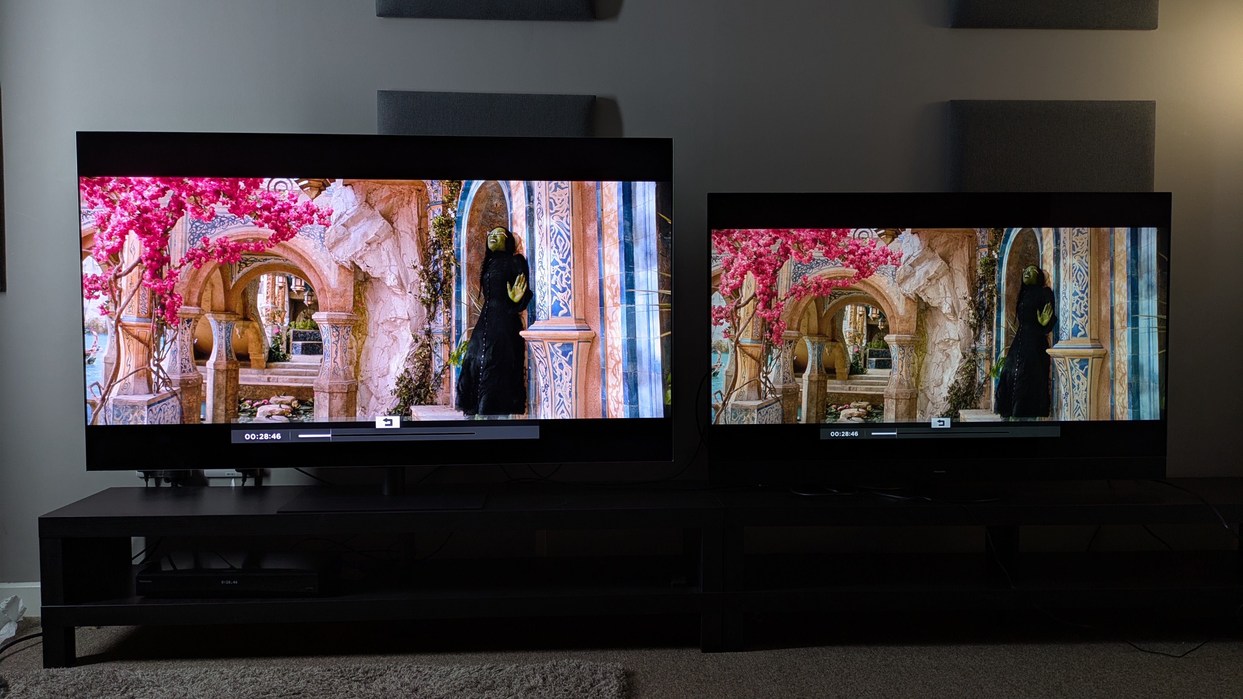 LG G5 with Dolby Vision Standard and Panasonic MZ1500 with Dolby Vision Dark both showing same scene from Wicked