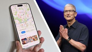 A person holding an iPhone showing Apple Maps on its screen, with Tim Cook alongside the iPhone.