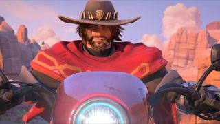 Overwatch 2 Cassidy riding a motorbike