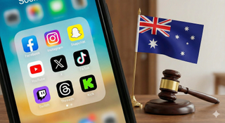A graphic displaying a mobile phone with popular social media apps, including Facebook and Instagram in the foreground. Behind the mobile phone, an Australian flag and a judge's gavel and block