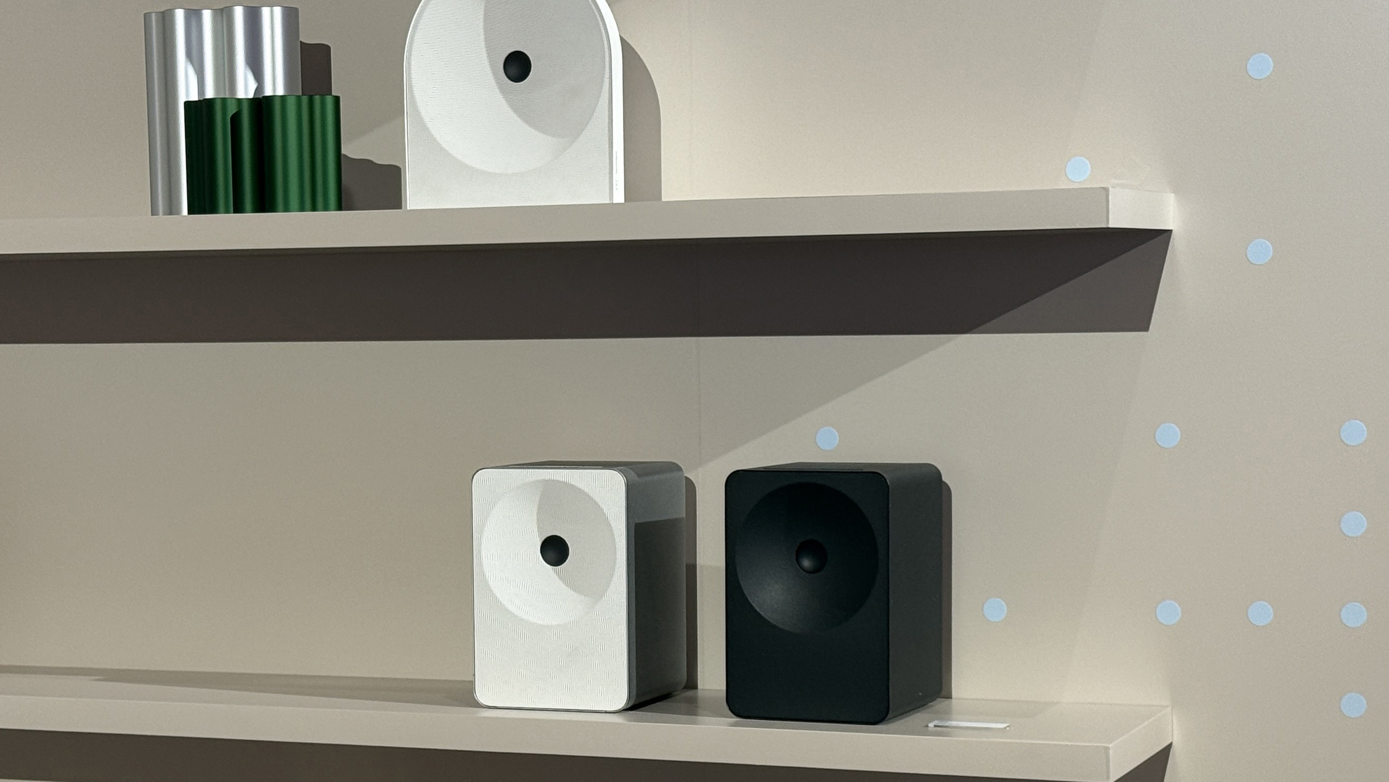 Samsung Music Studio 7 speakers on a shelf
