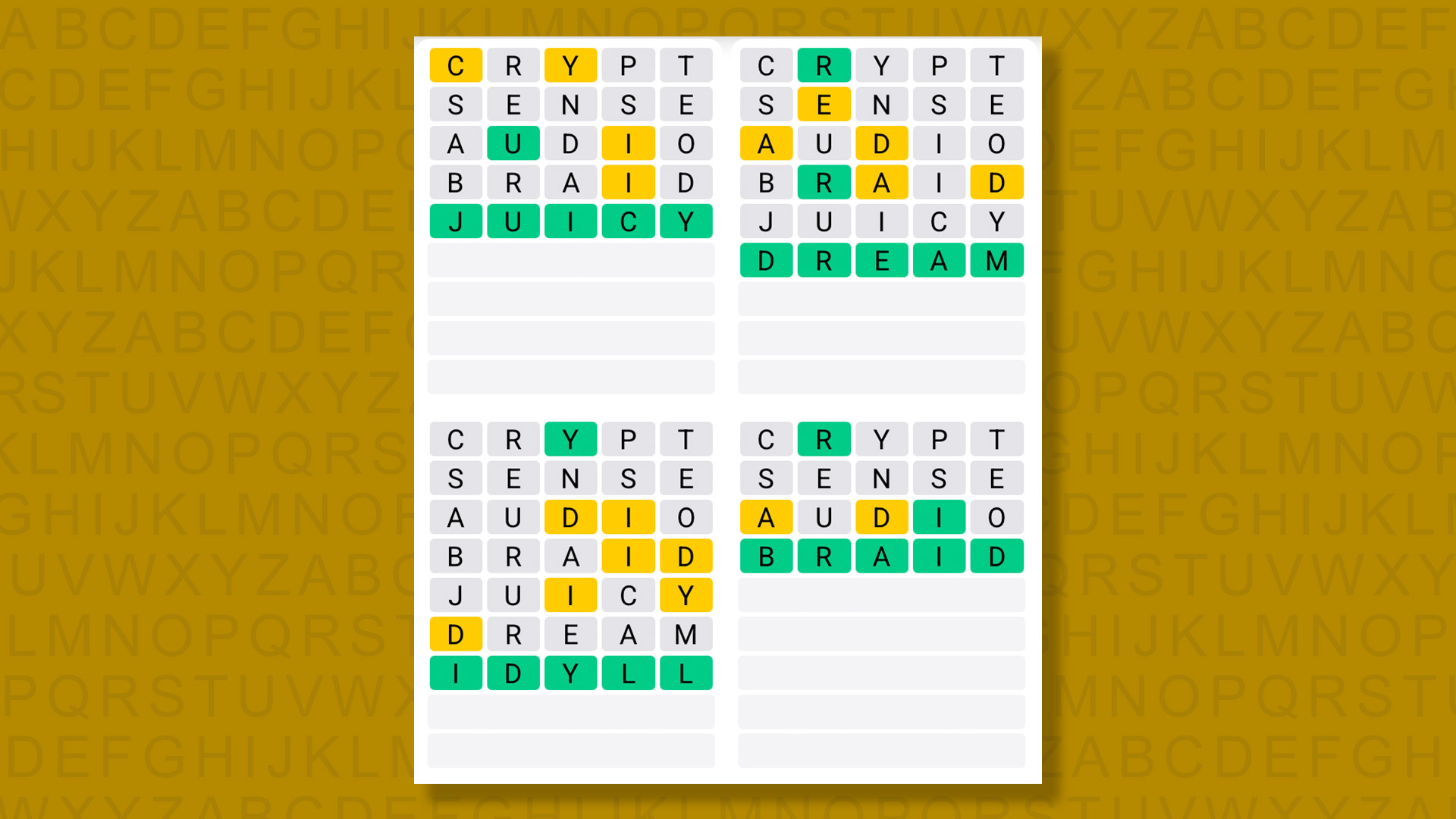 Quordle answers for game 1580 on a yellow background