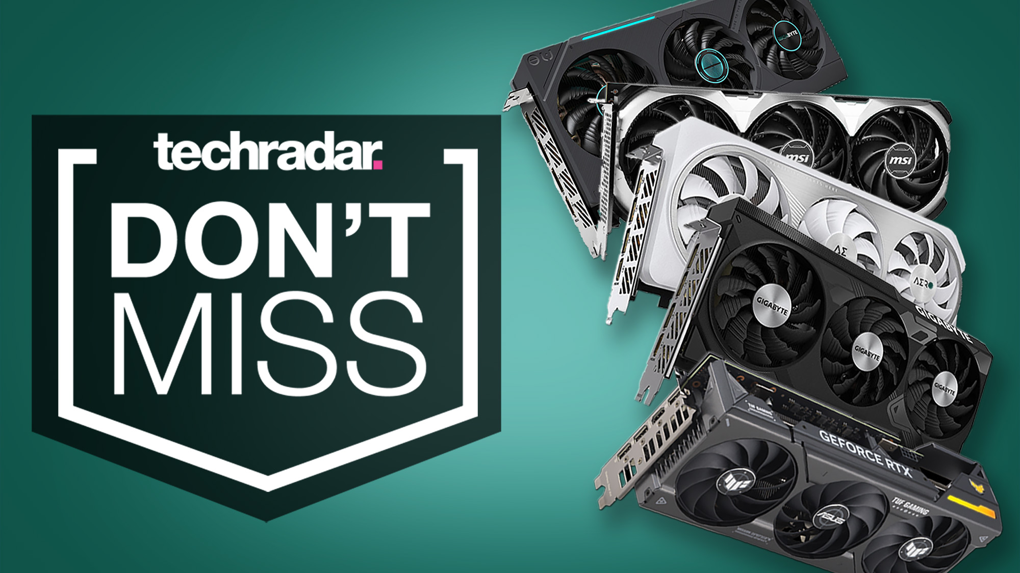 Several RTX 4070 graphics cards against a green background with a TechRadar Don't Miss badge
