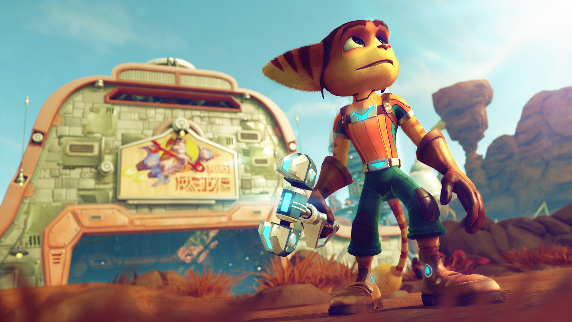 Ratchet astanding outside his workshop. He's holding a tool and looking into the distance