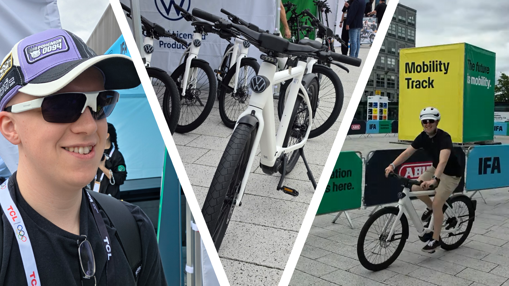 Hamish riding on the Volkswagen e-bike at IFA 2026